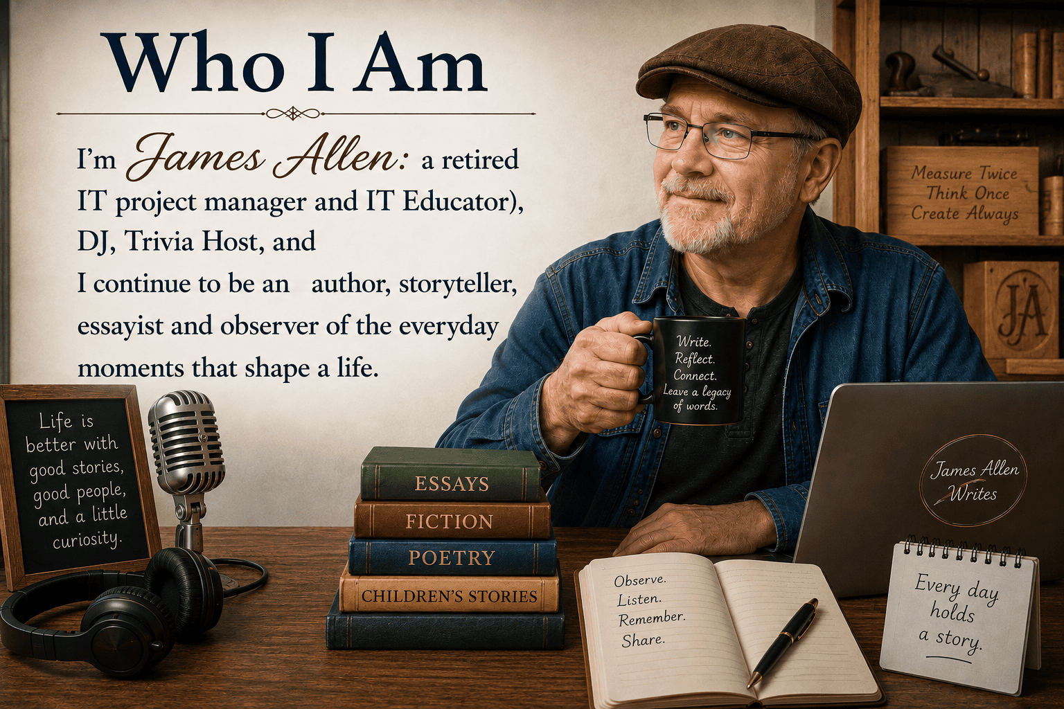 Who I Am illustration of James Allen at his writing desk with a laptop, notebook, microphone, headphones, and books representing essays, fiction, poetry, and children’s stories.