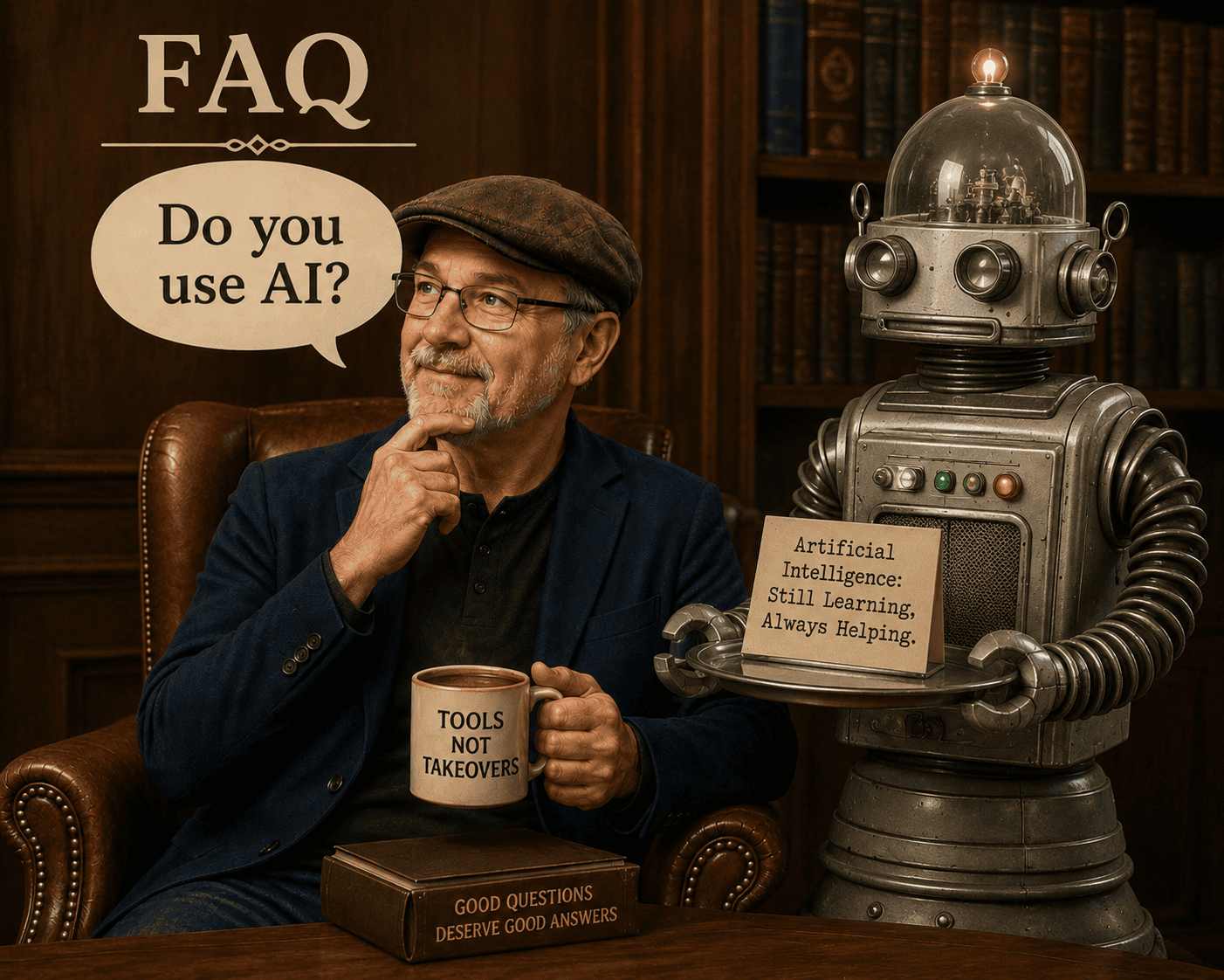 Author seated in a warm library beside a retro-style robot assistant, illustrating the question, “Do you use AI?”