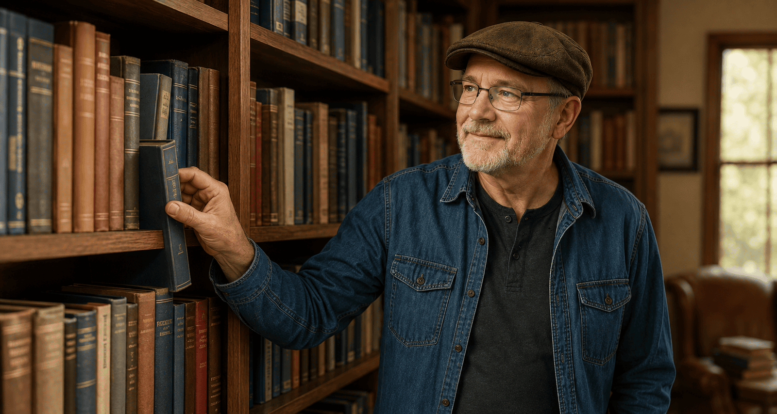 James Allen browsing a bookshelf.