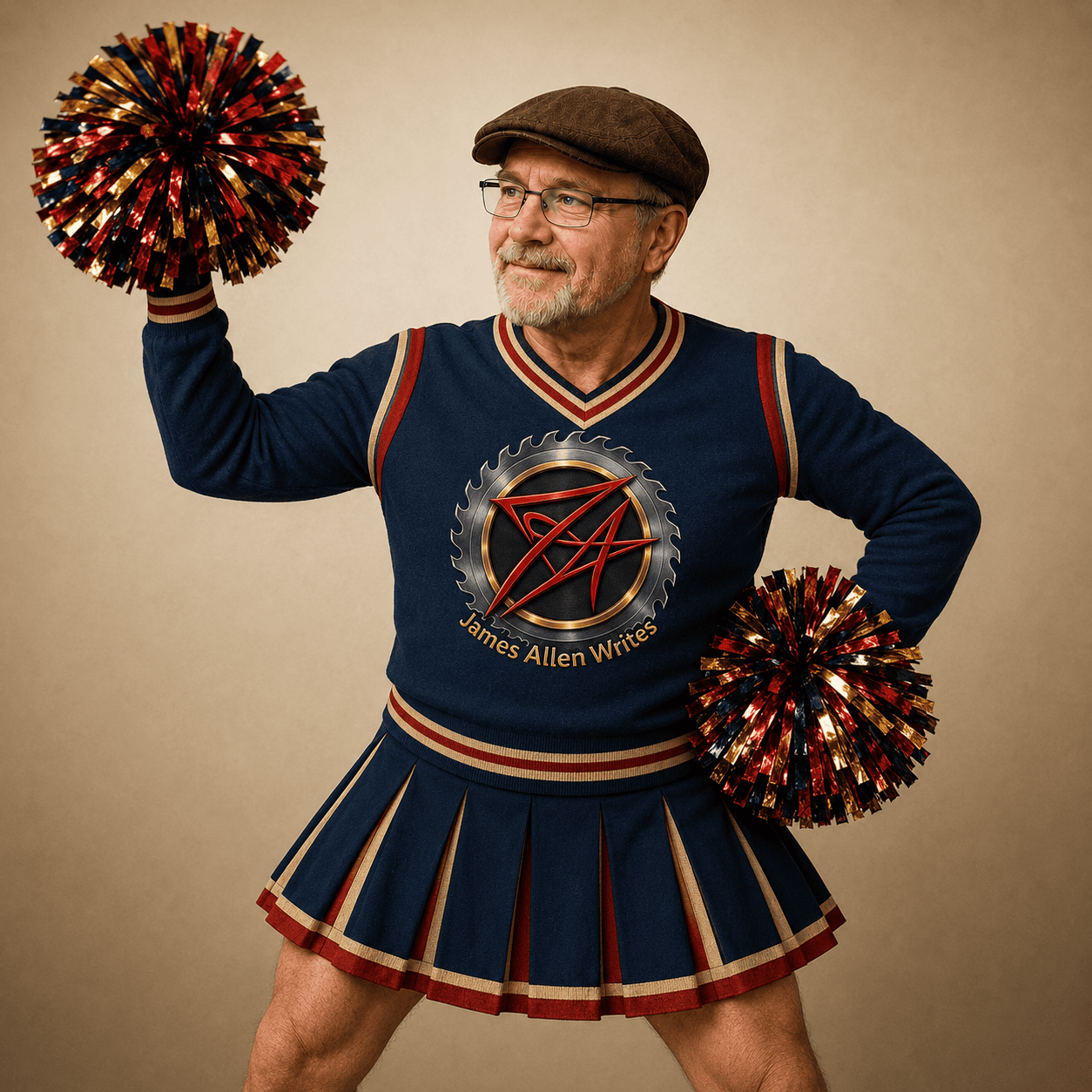James Allen wearing his signature cap, glasses, and beard with a navy cheerleader sweater and pleated skirt, holding red, gold, and navy pom-poms. The James Allen Writes logo appears on his sweater.