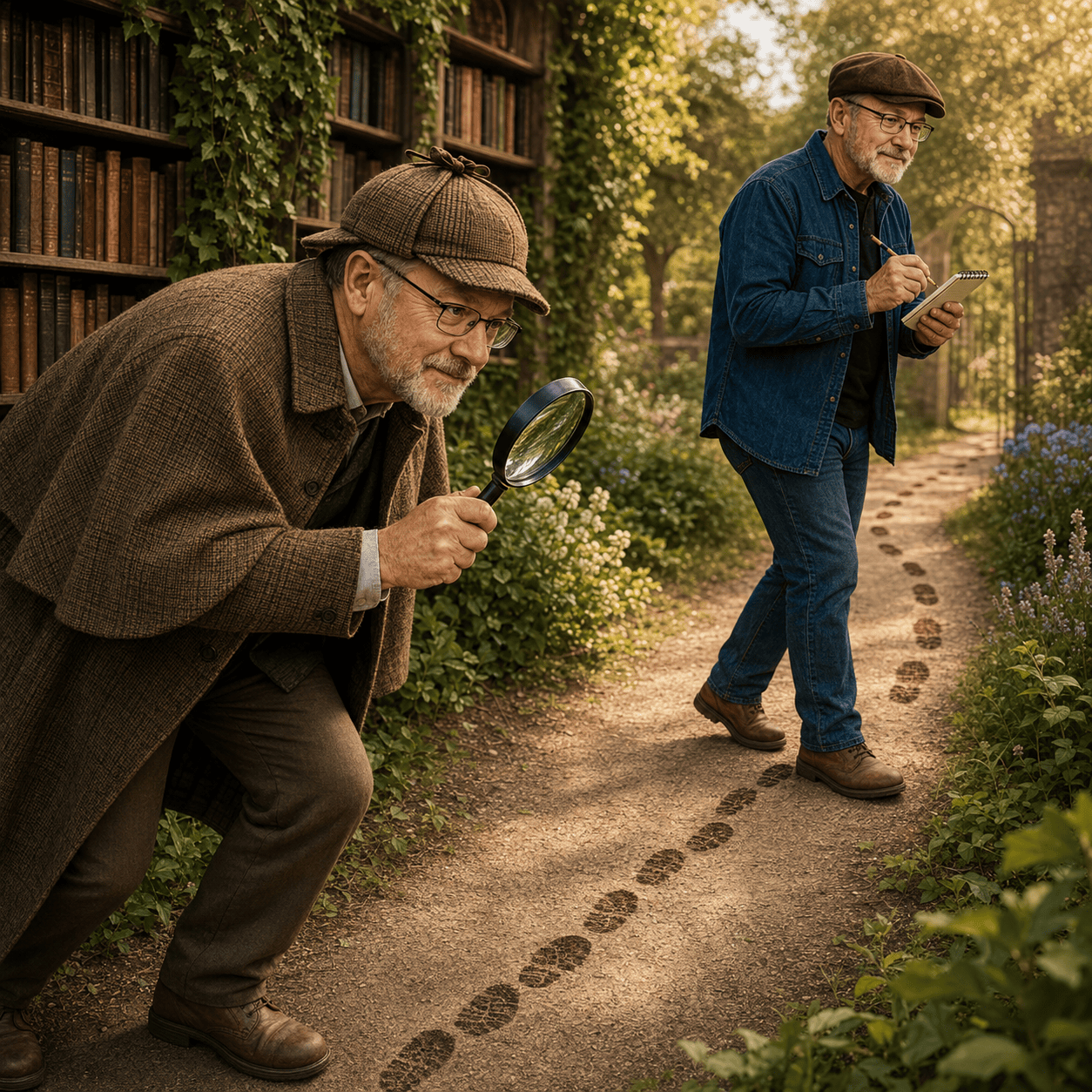 Two depictions of James Allen follow a garden path lined with bookshelves: one dressed as a detective examining footprints with a magnifying glass, while the other walks ahead writing in a notepad.