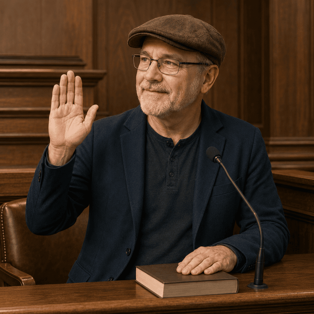 Author in courtroom graphic : hand raised, other hand resting on the book, ready to give honest testimony