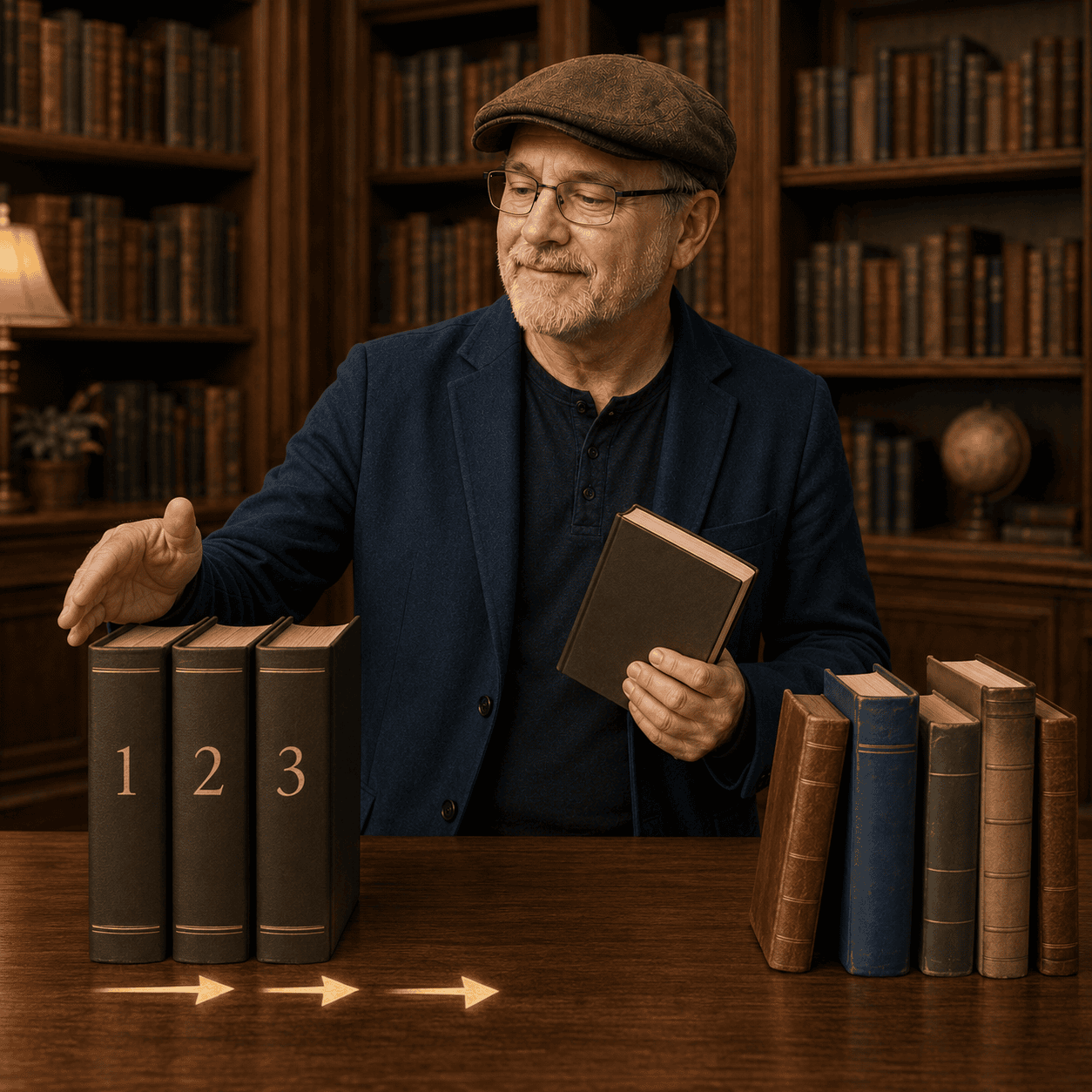 James arranging books in order