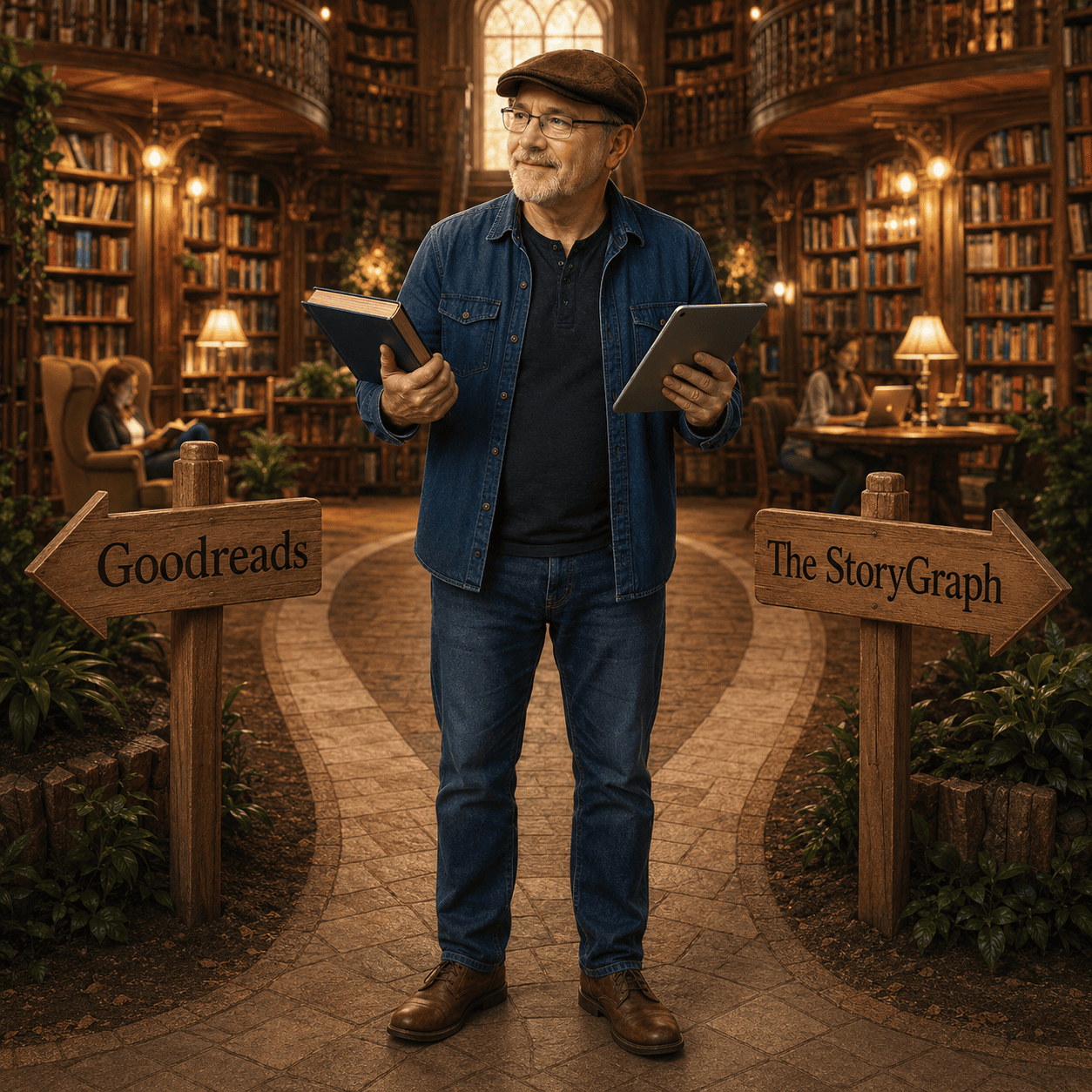James Allen stands in a warm library holding a book and tablet between two paths marked Goodreads and The StoryGraph.