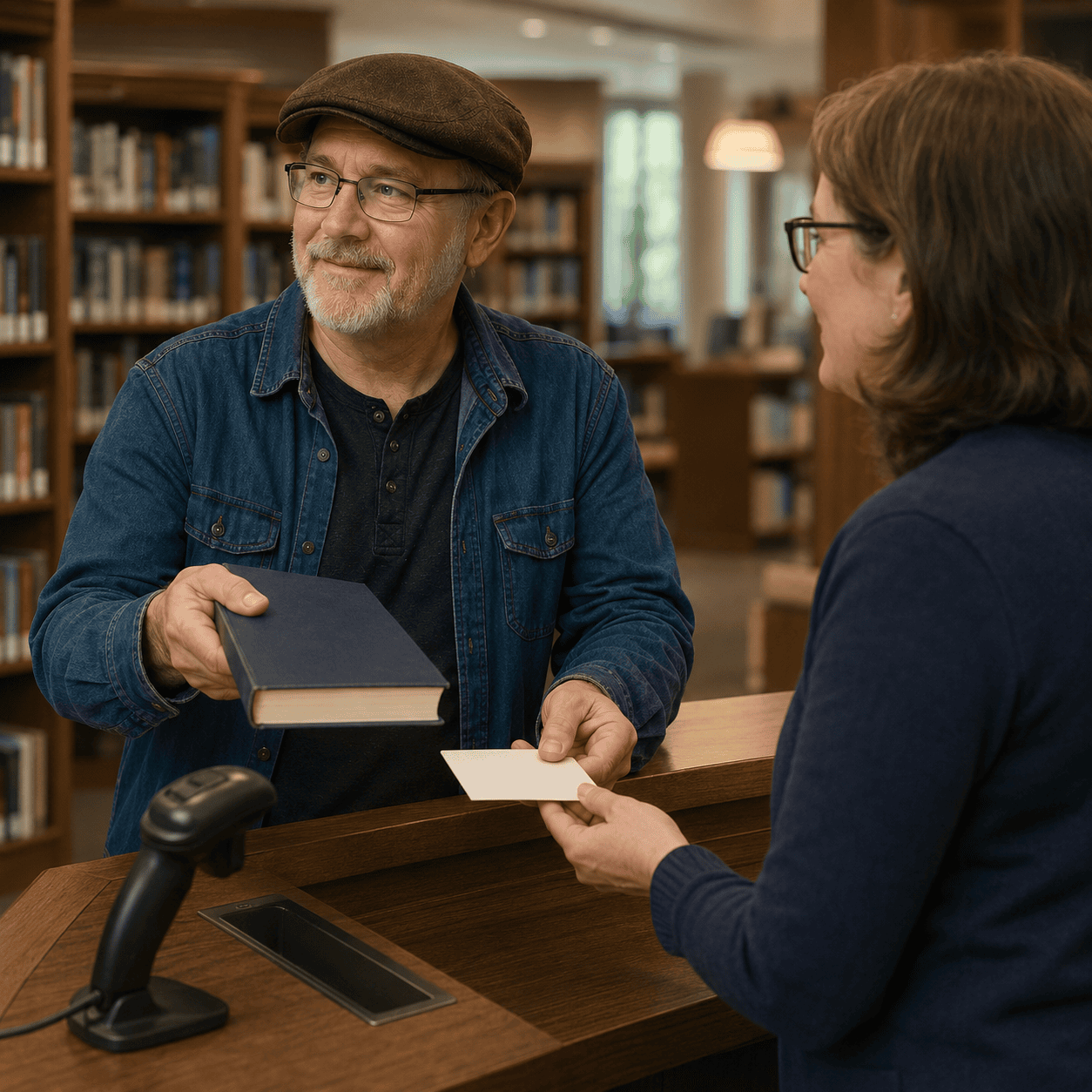 James requesting a book at a library