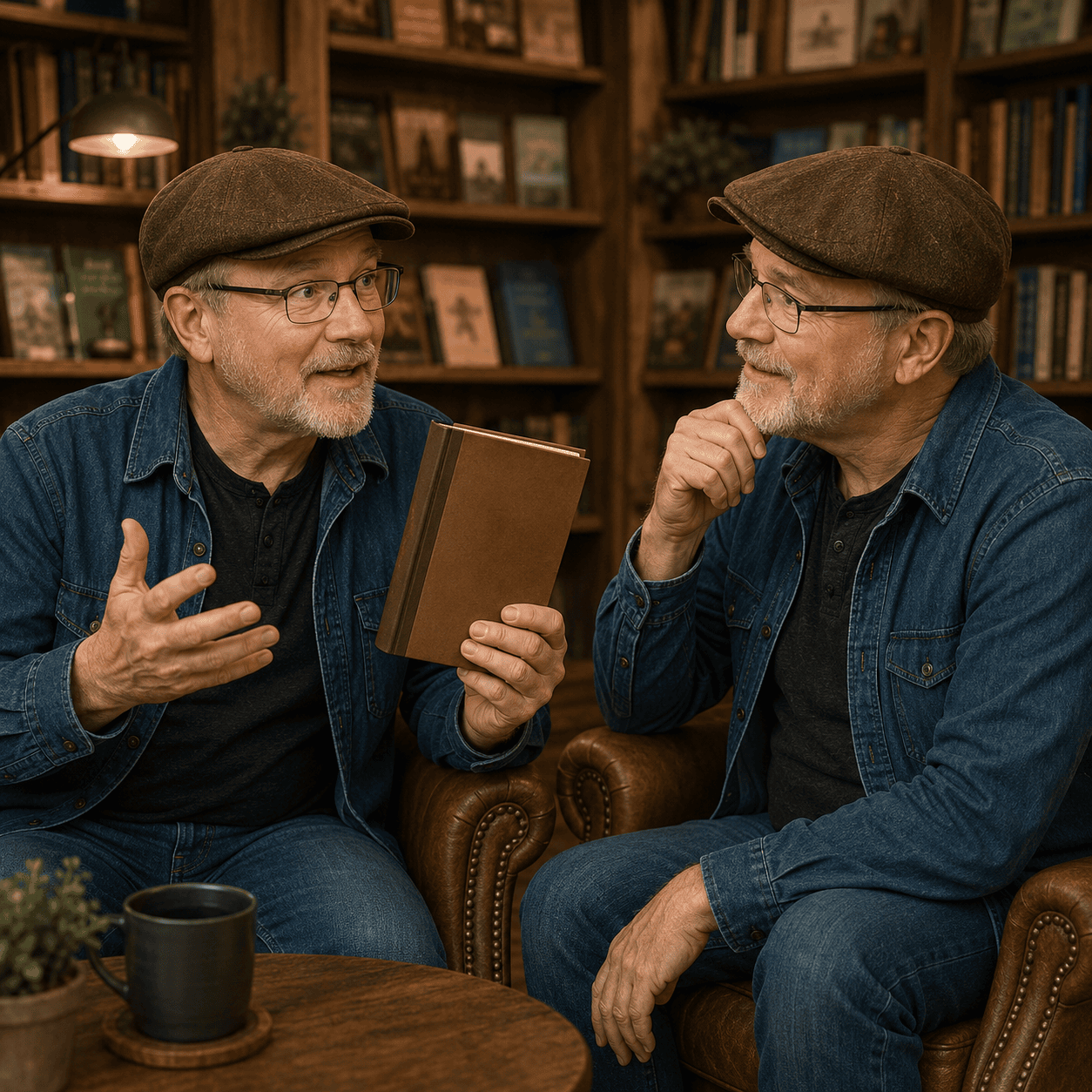 Two depictions of James Allen sit together in a warm library as one holds up a book and enthusiastically recommends it to the other.