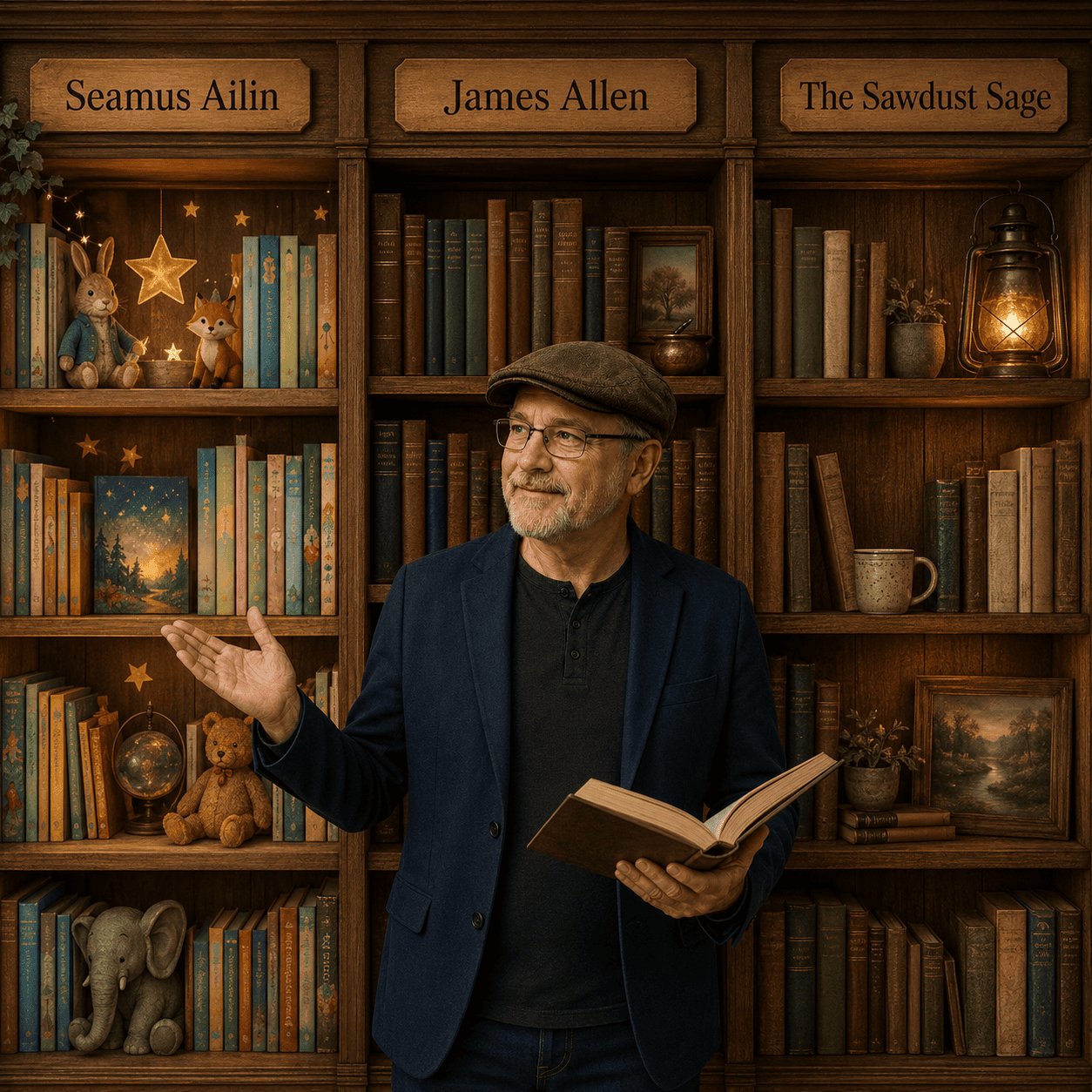James deciding on a bookshelf