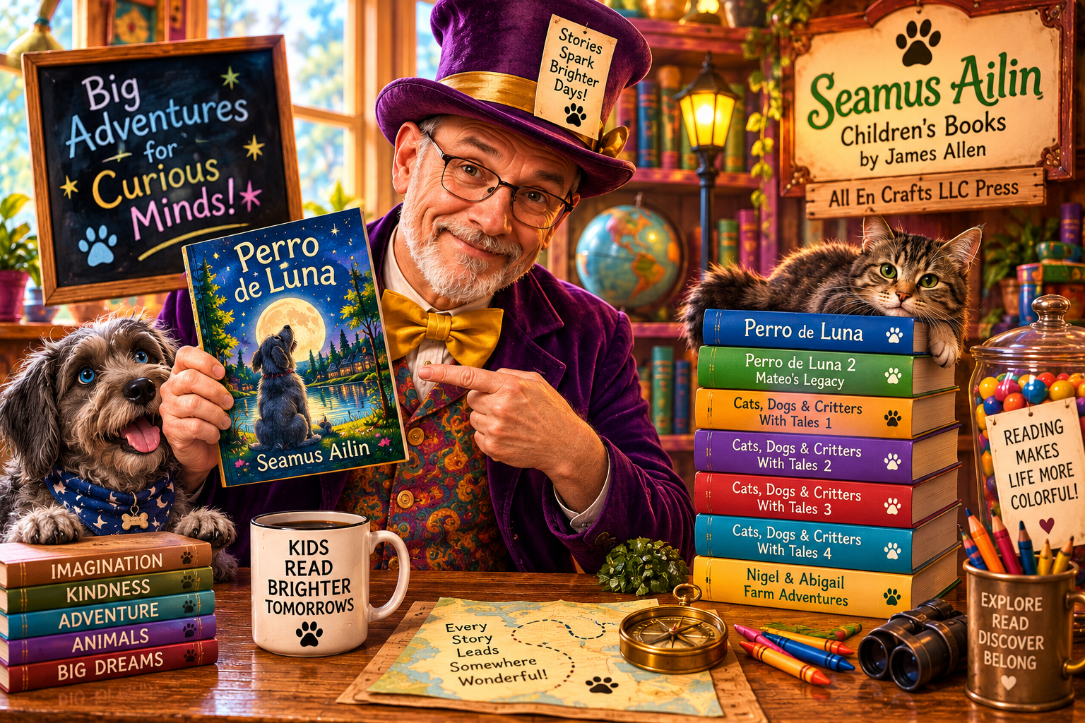 Wonka style grapgic os Seamus Ailin holding a copy of Perro de Luna