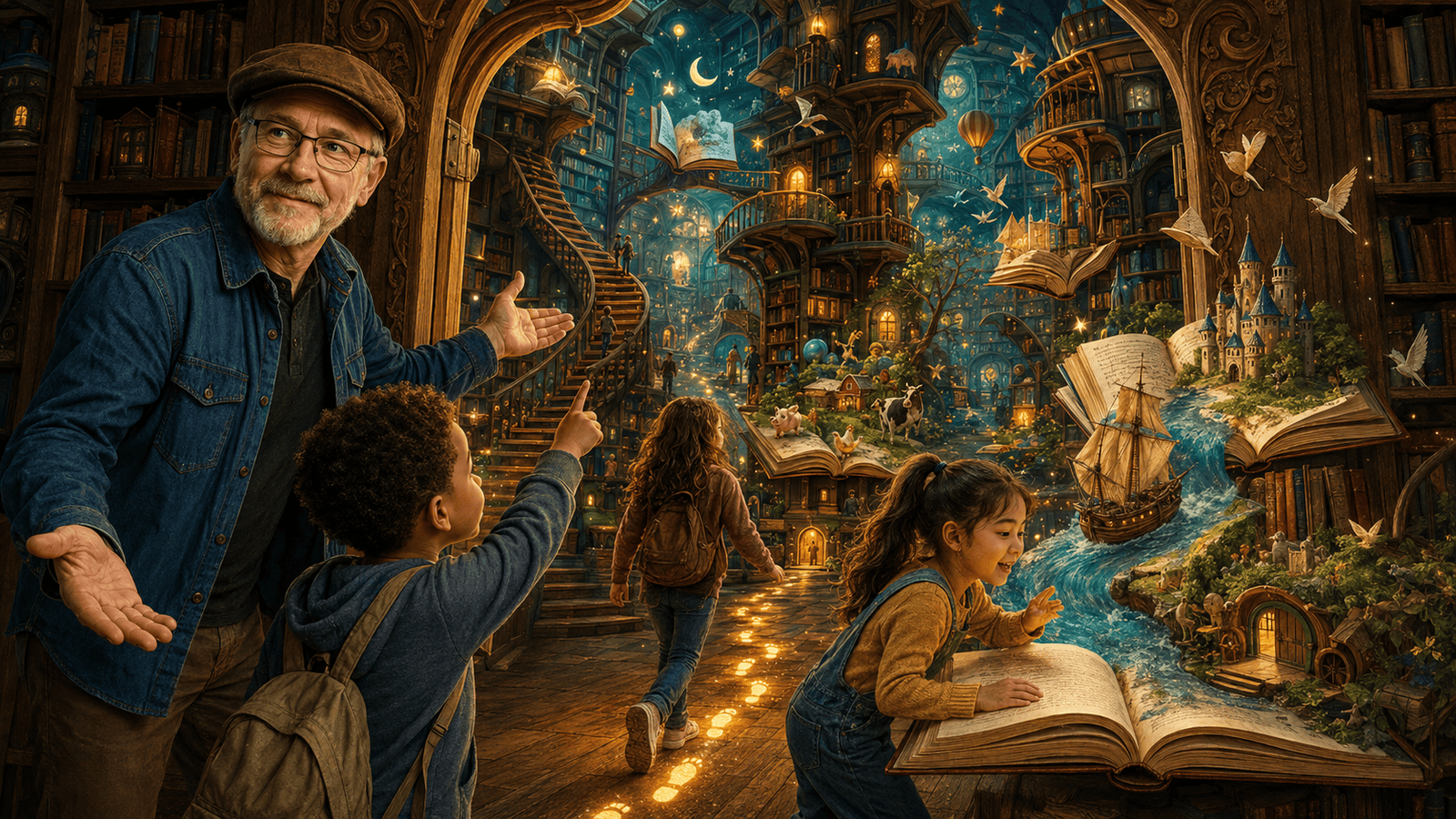 impossible library where books release ships, castles, farms, animals, stars, and entire worlds. It captures that overwhelming sense of discovery.